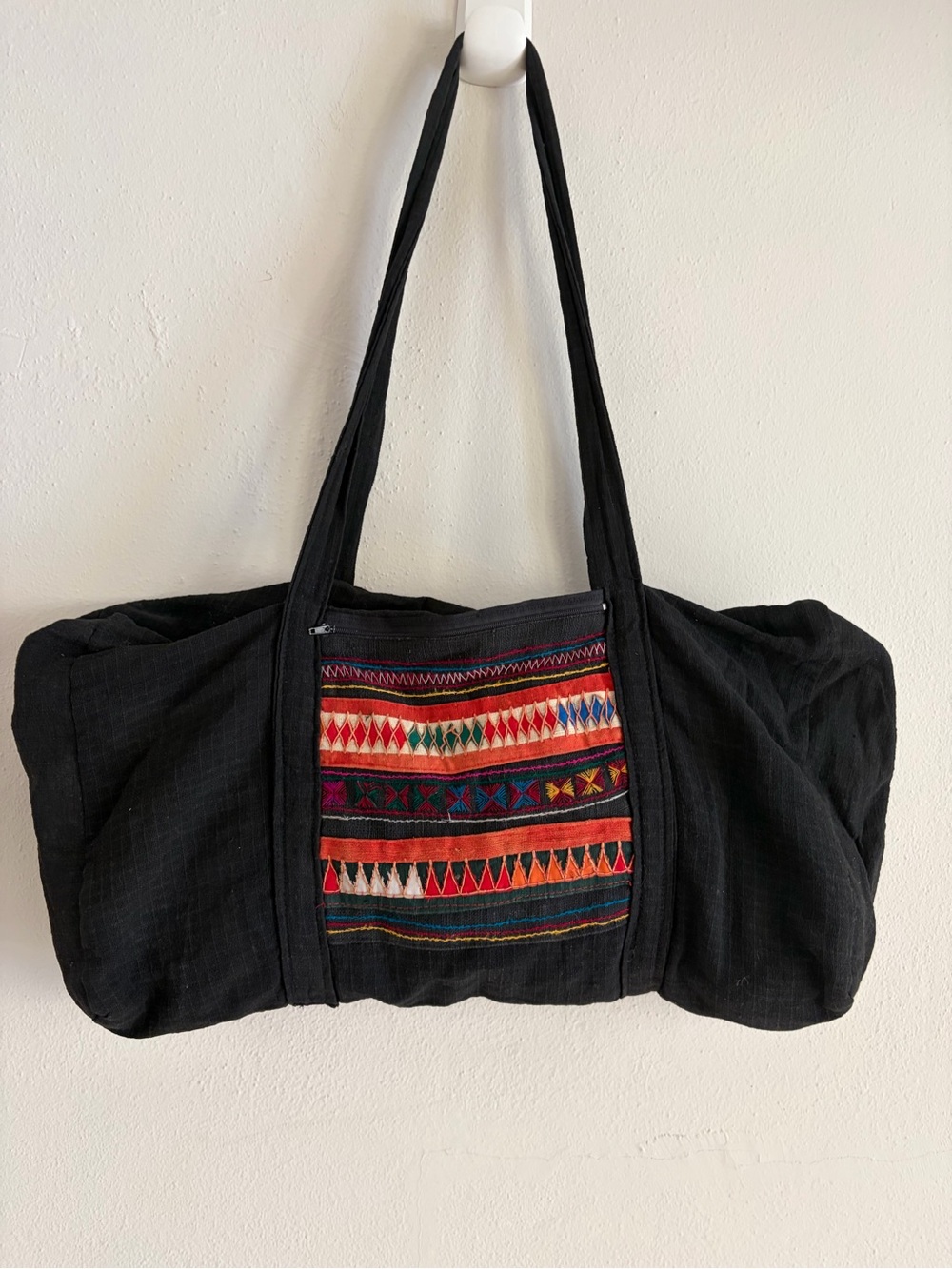Black Boho Embroidered Duffle Bag with Colorful Front Panel